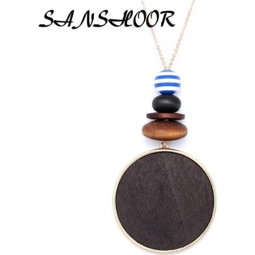 Christmas Gift Wood Bead Geometric Multi-faceted Necklace Long Chain Women Natural Wooden Bead Pendant Necklace For Female