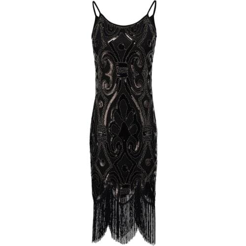 Sexy Black Sequin Fringe Cami Dress Vintage Paisley Beaded Sleeveless Great Gatsby Flapper Dress Women Little Black Dress
