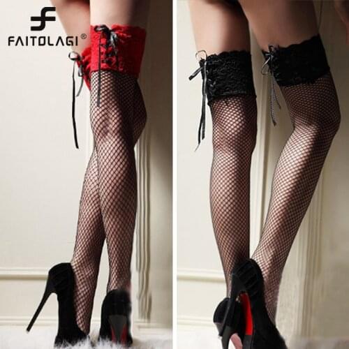Sexy Stockings Women Thigh High Socks Sheer Lace Fishnet Stockings Hosiery Ladies Red Black White Hollow Out Mesh Stocking