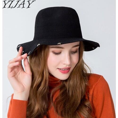 Women Men 100%Wool Fedora Hat With Rivet Elegant Lady Dad Winter Autumn Wide Brim Jazz Church Godfather Sombrero Caps