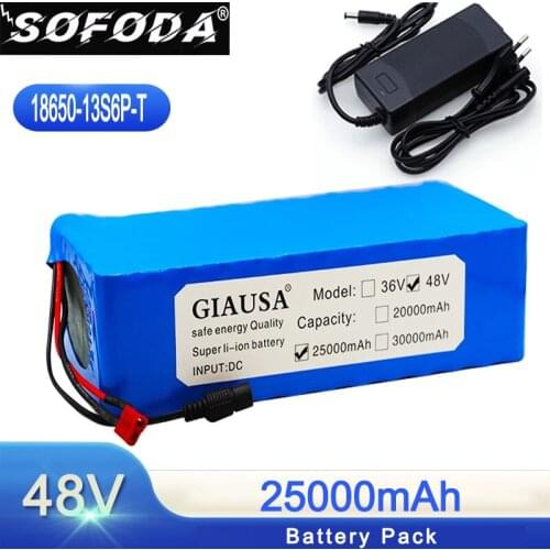 SOFODA 48V 25ah 13s6p Lithium Battery Pack 48V 30AH 2000W electric bicycle battery Built in 50A BMS T plug+54.6V Charger
