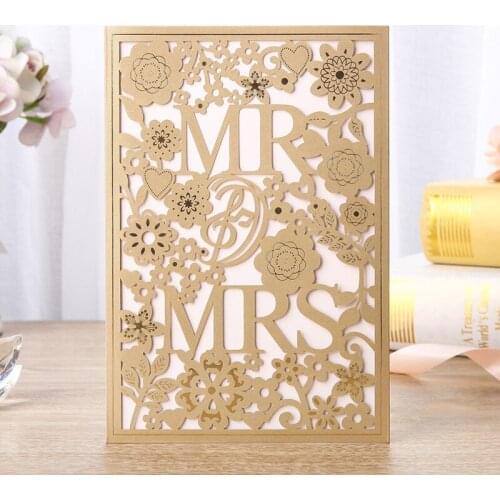50X Gold Flower Wedding Invitation With Personalized Print Insert And Envelope Laser Cut Cards For Marriage Party