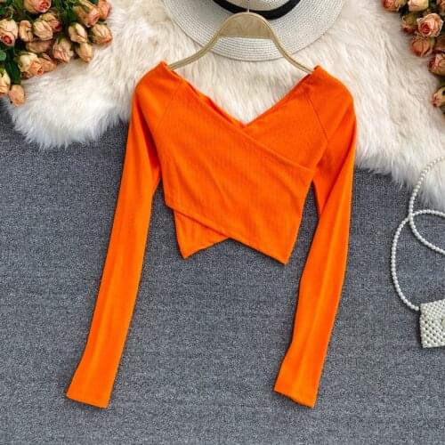 Slim Slimming Exposed Umbilical Cross V-neck Long-sleeved T-shirt Womens Spring Autumn Solid Color Short Base Shirt KK301