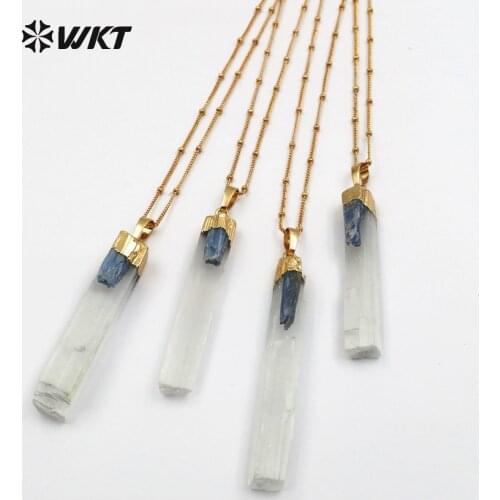 WT-N1128 WKT wholesale fashion natural stone necklace long bar shape pendant with blue charm setting with gold color chain