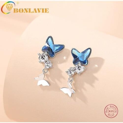BONLAVIE Crystal 925 Silver Butterfly Earrings Womens New Trendy Delicate Earrings