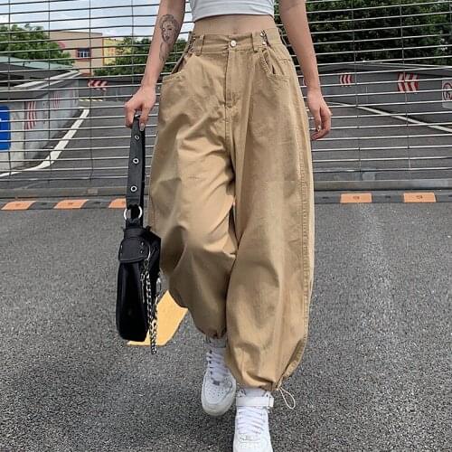 Women Cargo Pants 2021 Adjustable Drawstring Harem Pant Punk Jogger Trousers with Chain Harajuku Elastics High Waist Streetwear