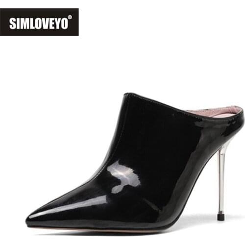 SIMLOVEYO Women Slippers Sexy Half Thin High Heels Pointed Toe Black Sliver Fashion Elegant Ladies Plus Size Black A4506