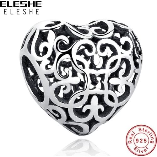 ELESHE European Bead Charm Fit Original Bracelet Necklace Women DIY Jewelry 925 Sterling Silver Heart Bead Romantic Love Gift
