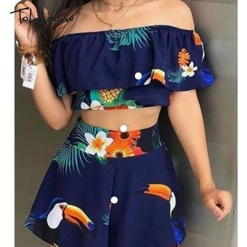 Tobinoone Floral Print Crop Top And Shorts Two Piece Set Women One Shoulder Rufles Backless Sexy Sets Summer Sleeveless Set 2021