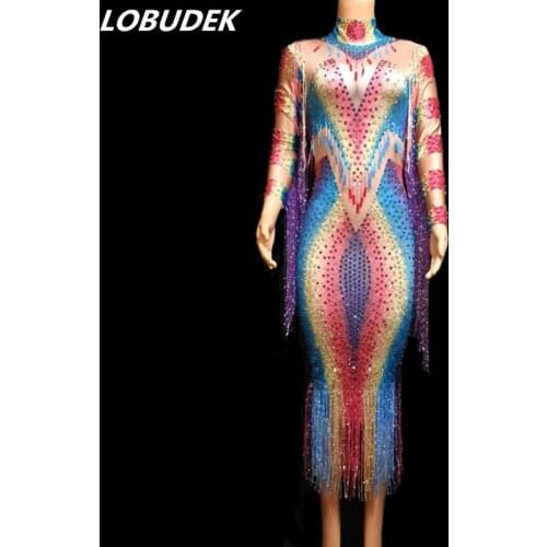 Female Singer Host Evening Celebration Performance Long Dress Fashion Colorful Rhinestones Tassels Elastic Dress Stage Costume