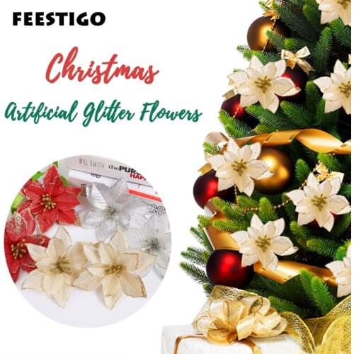 10Pcs 13cm Glitter Artificial Flowers For Christmas Tree Decoration Pendant DIY Christmas Ornaments Home Xmas Party Decoration