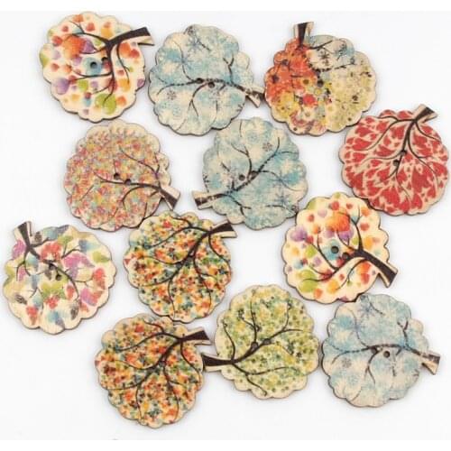 20pcs 30mm Colorful Retro Tree Shape Wooden Buttons For Clothing Sewing Accessories Scrapbooking Crafts DIY botones Decoration