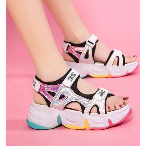 2021 New Platform Sandals Female Summer Women Thick Bottom Rainbow Sole Hook & Loop Shoe Wedge With Open Toe Platform Shoes