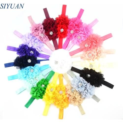 50pcs/lot girl Elastic Headband with Two Chiffon Fabric Flowers Rhinestone In Center Newborn Photography Props FDA232