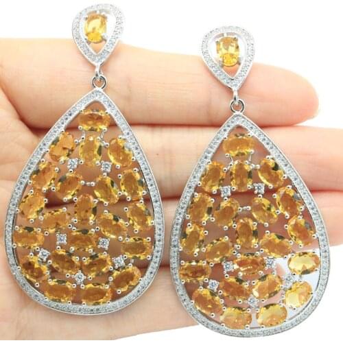 33x15mm Anniversary Created Pink Tourmaline Smokey Topaz Cubic Zircon For Ladies Daily Wear Silver Earrings