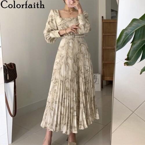 Colorfaith New 2021 Women Summer Autunm Dresses High Waist Printed Floral Vintage Pleated With Belt Korean Long Dress DR55877