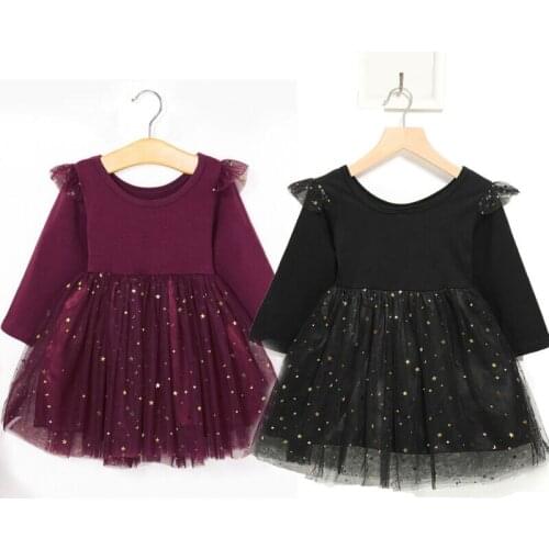 Toddler Kids Baby Girls Party Sequins Dress Long Sleeve Wedding Bridesmaid Princess Flying Sleeve Princess Dresses 1-5Y
