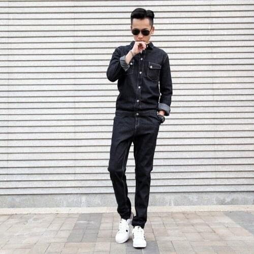 Vintage Spring Autumn Mens Casual Denim Jumpsuits Fashion Long Sleeve Single Breasted Back Printed Top Slim Full Length Pants