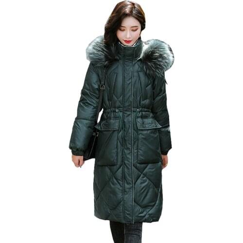 Elegant Women Winter Coats Hooded Fur Collar Coat Thicke Warm White Duck Down Jackets Lady Fashion Slim Loose Down Jacket OK1122