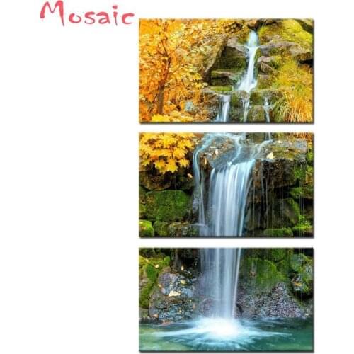 Triptych painting Full Square/Round Drill 5D DIY Diamond Painting Waterfall Autumn Landscape Diamond Embroidery Cross Stitch kit