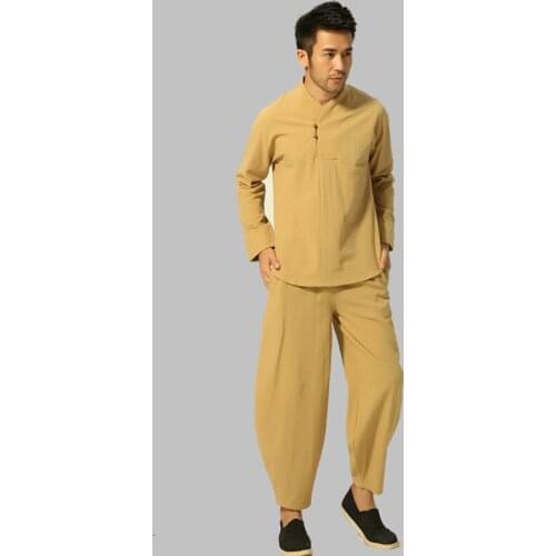 Chinese Mens Solid Cotton Linen Kung Fu Suit High Quality Wu Shu Tai Chi Sets Loose Buddhist yellow long sleeve Clothes