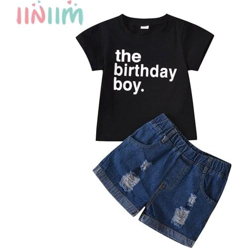 Newborn Baby Boys Birthday Clothes Sets The Birthday Boys Letter Printed T-shirt Tops Denim Shorts Sets Kids Ripped Jean Outfit
