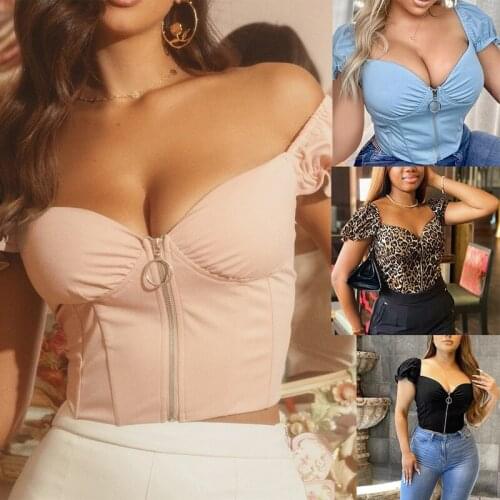 Hot Kf-Womens Fashion Sexy Square Neck Zipper Puff Sleeve Short Sleeve Tops