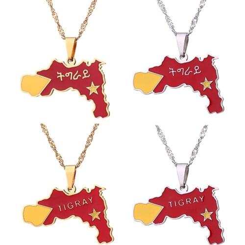 Fashion Enamel Gold Color Tigray Region Map Flag of Ethiopia Pendant Necklaces for Women Girls stainless steel jewelry