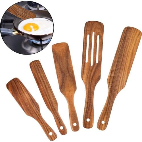 5 Pack of Wooden Spurtles Set,Natural Teak Wooden Kitchen Utensils,Spatula,Slotted Nonstick Set,for Baking,Mixing,Serving