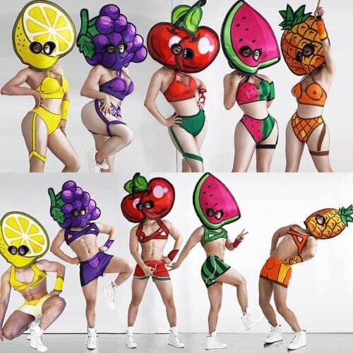 Bar Party Nightclub Men And Women Fruit Bodysuit Jazz Dance Wear Fruit Headdress Stretch Jumpsuit Stage Dance Costume DT2419