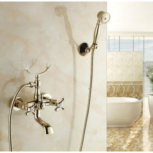 Luxury Gold Color Brass Wall Mount Bathroom Tub Faucet Set WITH/ 150CM Handheld Shower Spray Head Mixer Tap Dtf133
