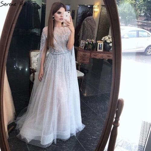 Silver Grey Luxury Long Sleeves Evening Dresses 2020 Latest Design O-Neck A-Line Sexy Gowns Serene Hill BLA60869