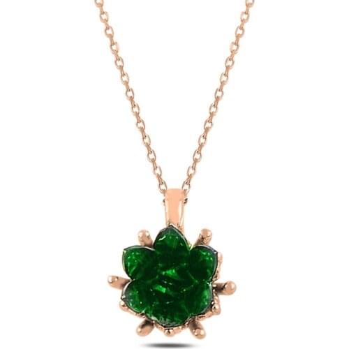 Silver 925 Sterling Lotus Flower Emerald Zircon Cubic Zirconia Necklace