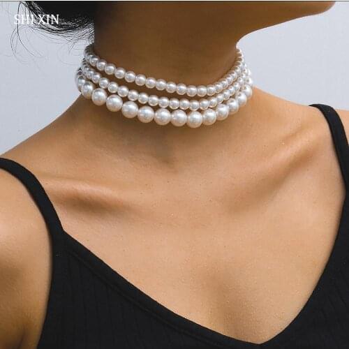 SHIXIN 3 Pcs/Set Layered Pearl Necklace 2020 Fashion Short White Beads Choker Collar Necklaces Jewelry on the Neck Collier Femme