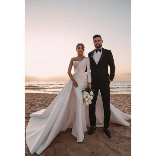 Dubai White Pearl Mermaid Wedding Dresses gown One Shoulder one long sleeve light gold Sequined Bridal Gowns Detachable Train