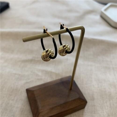 TIMEONLY Delicate Black Color Leather Hoop Earrings Irregular Golden Metal Charms Earring Fro Women Ladies Accessories Vintage