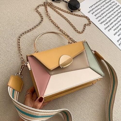 2021 New Contrast Color PU Leather Crossbody Bags for Women Chain Handbags with Metal Handle Shoulder Messenger Bag Small Totes