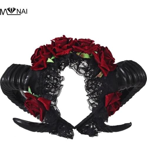 Steampunk Restyle Sheep Horn Rose Flower Headband Gothic Beauty Horror Horns Halloween Black Veil Lace Retro Hair Accessories