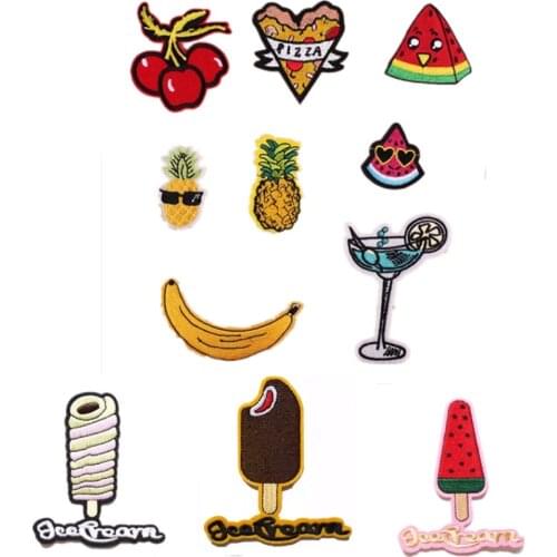 10 PCS/lot Ice Cream Iron On Patches For Clothes PIZZA Pineapple Banana Watermelon Cherry Embroideried Patches Fruit Appliques