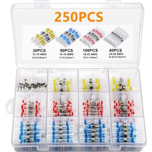 250Pcs Heat Shrink Butt Crimp Terminals Insulated Wire Cable Splice Terminal Waterproof Solder Seal Electrical Butt Connectors