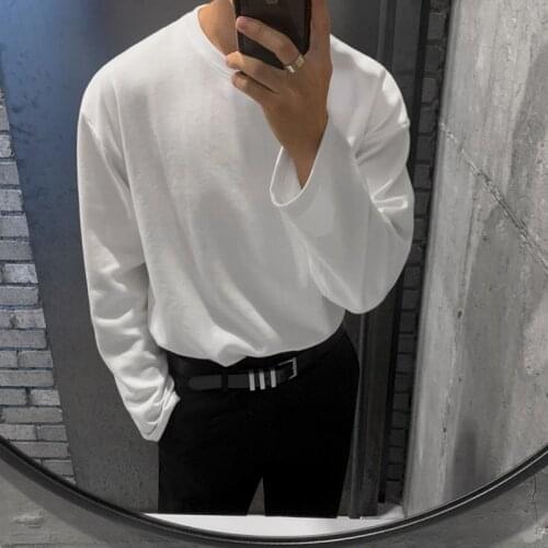 IEFB / mens wear spring long-sleeved T-shirt Korean style trendy round neck loose mens base white all-match males tops 9Y4091
