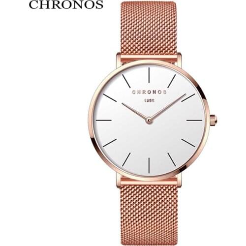 CHRONOS Frauen Quarzuhr Einfache Hardlex Zifferblatt Mode Unisex Edelstahl Mesh-Armband Wasserdicht Damen Armbanduhr CH33