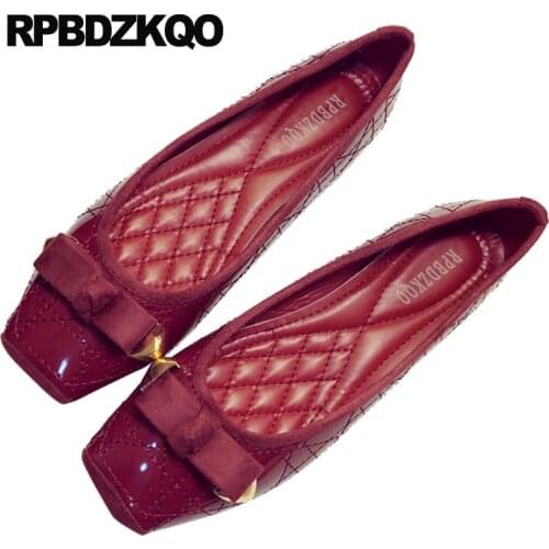 Plaid Shoes China Large Size Ballerina Kawaii Square Toe Big Red Wine Bow Gingham Soft Ballet Flats Women Blue Patent Leather