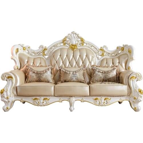 American European Style Living Room Leather Sofa Combination Sofa High-grade Solid Wood Double-sided Carved 123 Combination Sofa