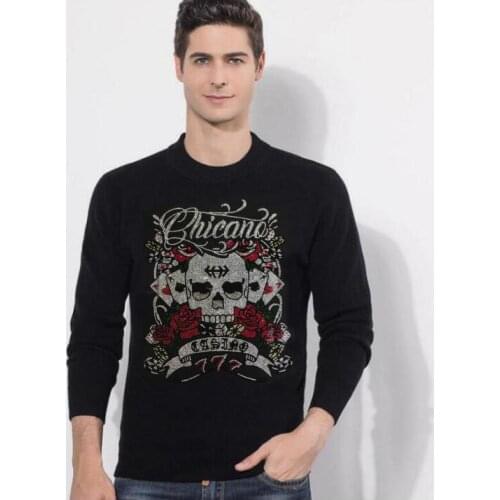 Flower and skull cool Warm Sweater Men Black Turtleneck Pullover Slim Fit Jumper Pull Knitted Men Clothing Casual Diamond stone