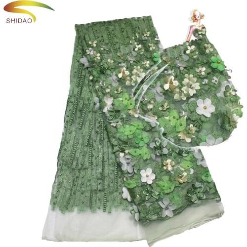 Nigeria Handmade Lace Fabrics African Gold 3d chiffon flower Embroidery Beaded Bridal 5 yards dress for French Wedding Dress