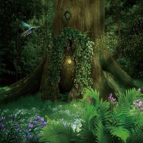 Laeacco Fairytale Mystery Forest Old Tree Green Grass Moss Shrub Bird Party Baby Child Scenic Photo Background Photo Backdrops