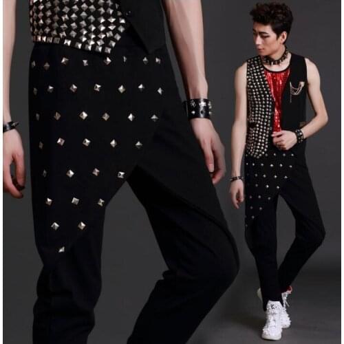 Stage personality men rivets pants harem pant men feet trousers singer dance rock fashion pantalon homme street novelty black