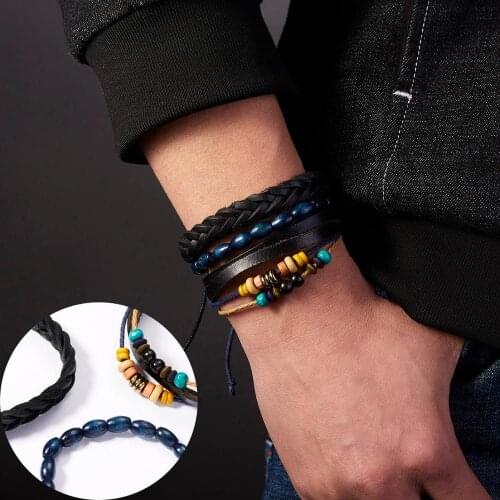 3pcs Punk Leather Bracelets Men Jewelry Vintage Classic Wood Beads Charm Bracelet Bangles Homme Male Adjustable Jewelry Gift