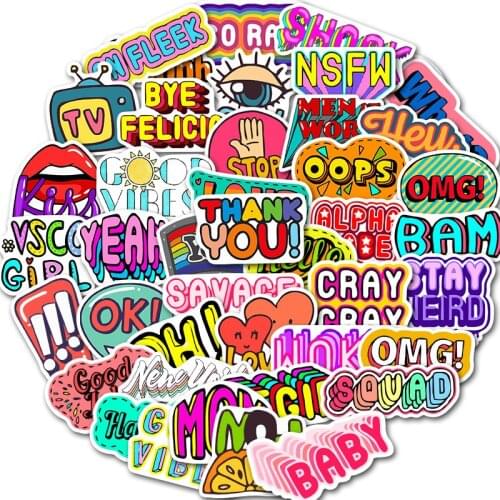 50Pcs Set English Words Sticker Decal Surprise Short Sentence Pegatina DIY for PC Phone Skateboard Bicycle Laptop Stickers